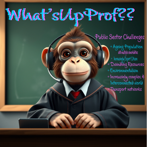AOur logo which is an image showing a monkey professor sitting sat at a desk in academic gowns, wearing a headset. The desk is in front of a chalkboard with What'sUpProf?? written on it in neon blue and neon pink chalk. on it as well as a list of public sector challenges.